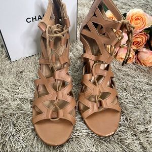 Brown Tan Caramel Block Heel Lace Up Sandals